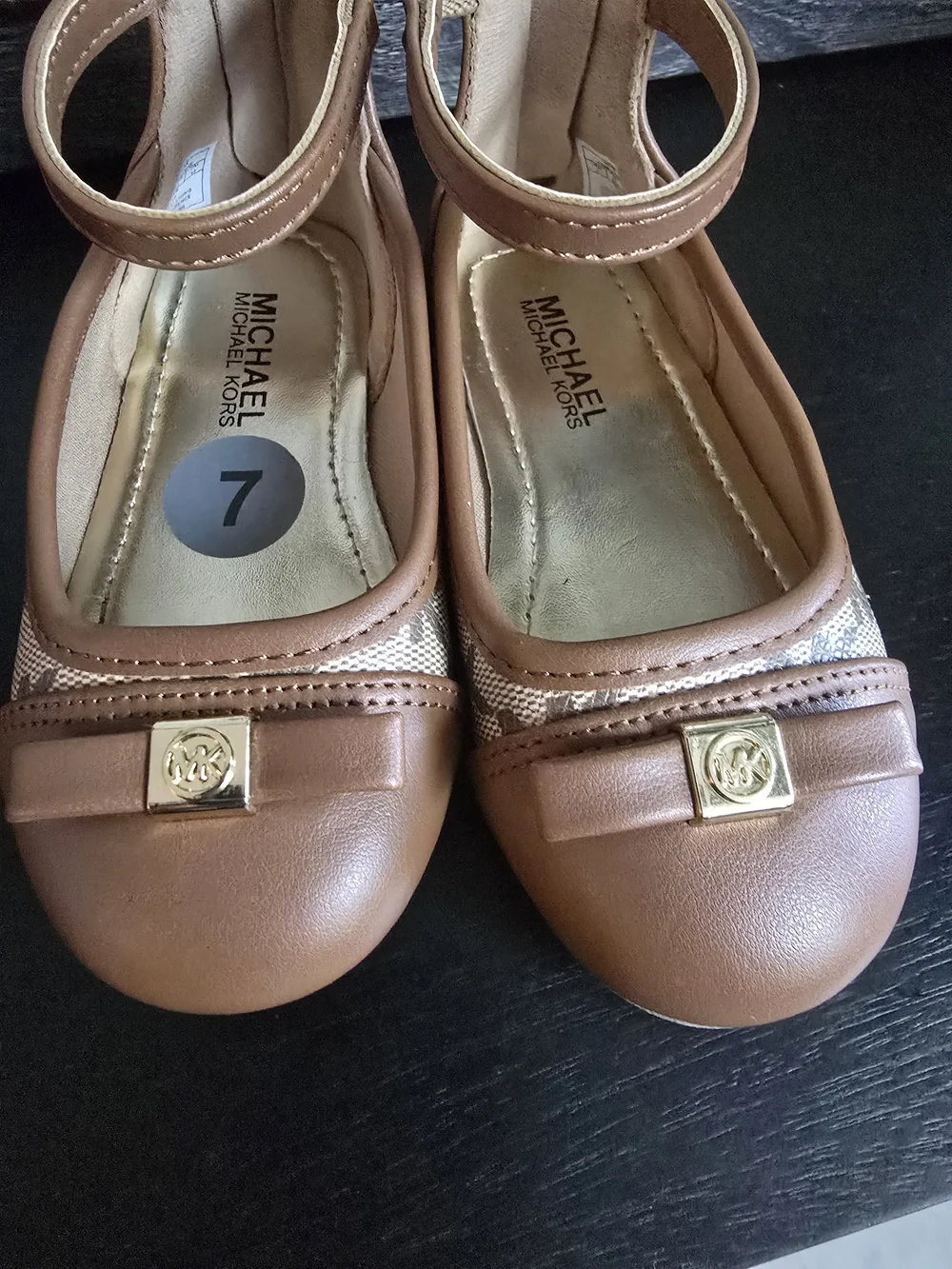 Michael Kors Girls Tan Brown Bow Ankle-Strap Flats